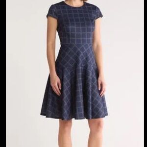 Eliza J WINDOWPANE PRINT CAP SLEEVE FIT & FLARE DRESS IN NAVY Size 14